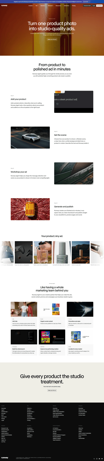 Runway landing page desktop screenshot