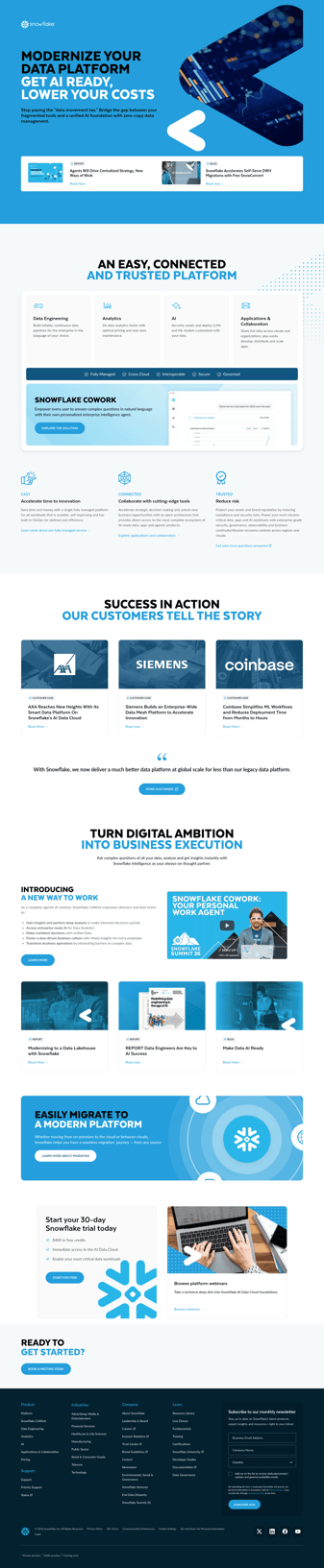 Snowflake landing page desktop screenshot