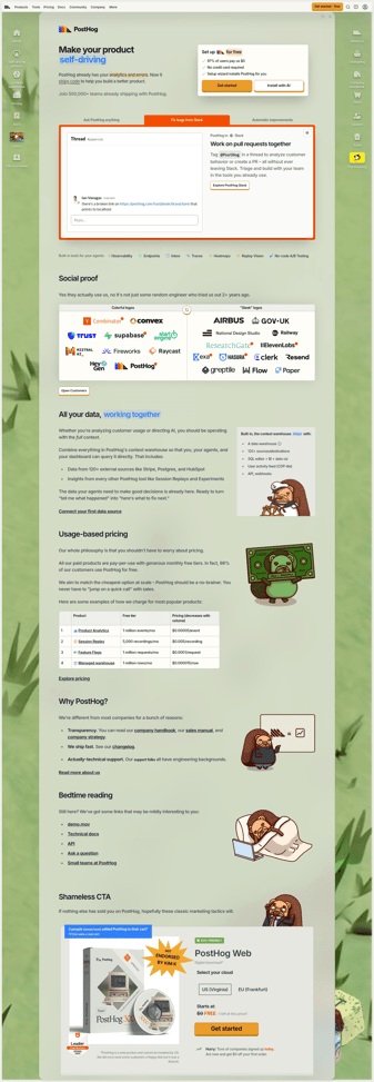 PostHog landing page desktop screenshot
