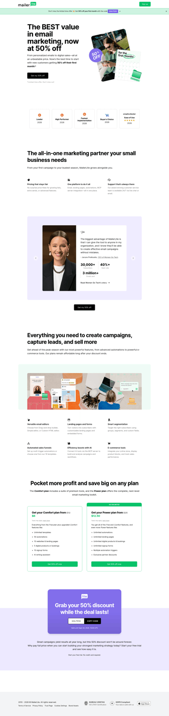 Mailer Lite landing page desktop screenshot