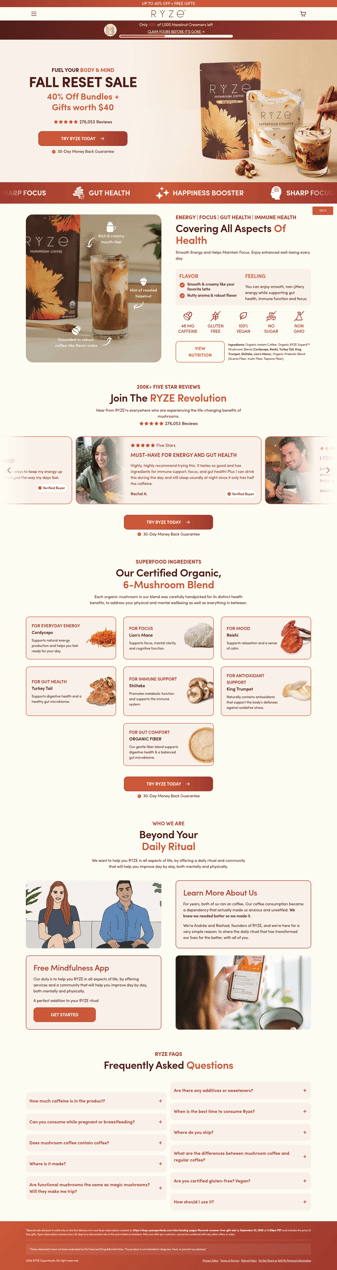 RYZE Superfoods landing page desktop screenshot