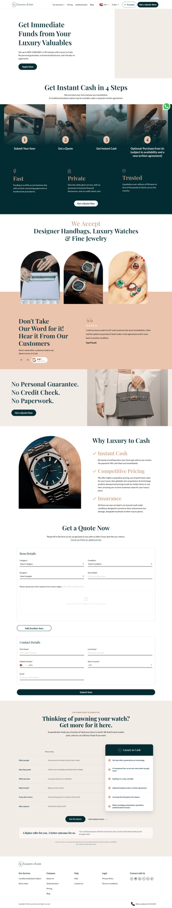 Luxury To Cash landing page desktop screenshot