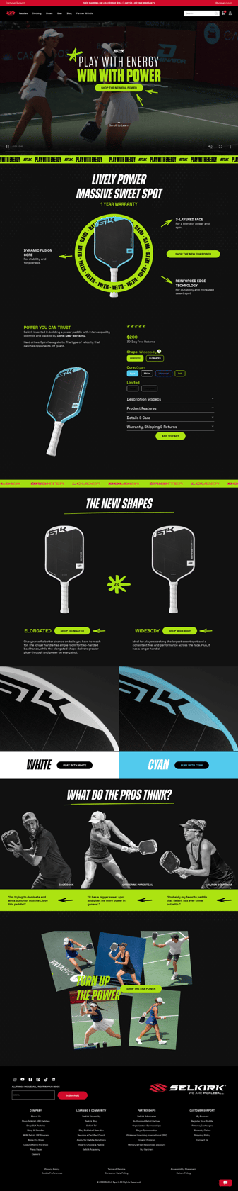 Selkirk Sport landing page desktop screenshot