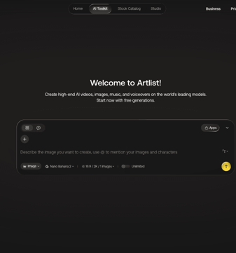 Artlist landing page desktop screenshot