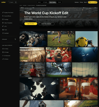 Artlist landing page desktop screenshot