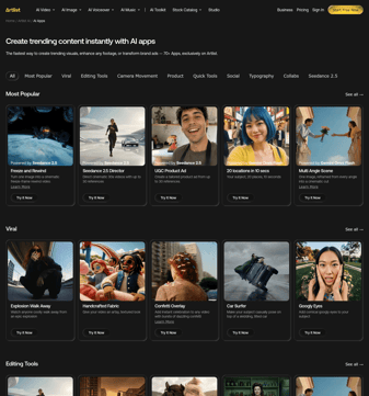 Artlist landing page desktop screenshot