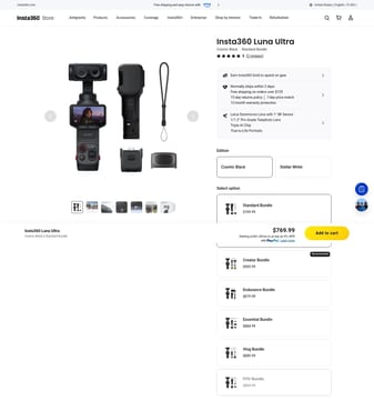 Insta 360 landing page desktop screenshot