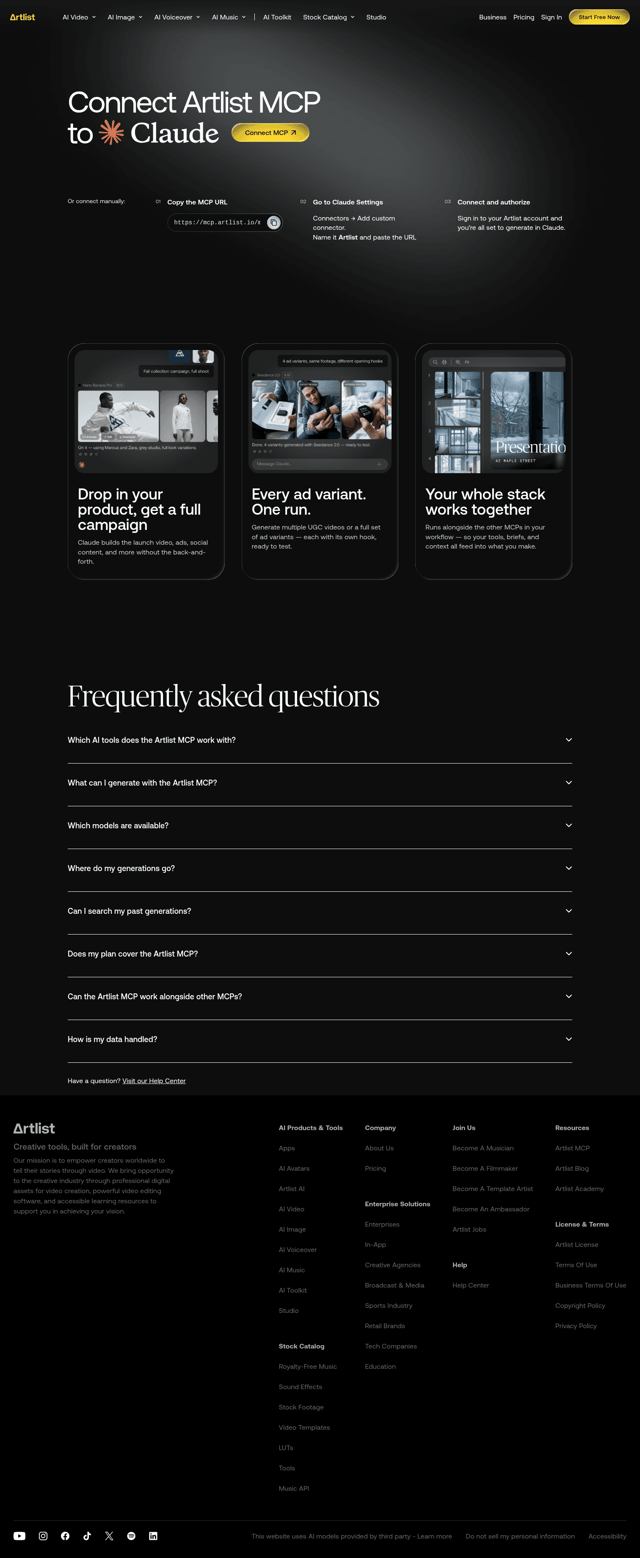Artlist landing page
