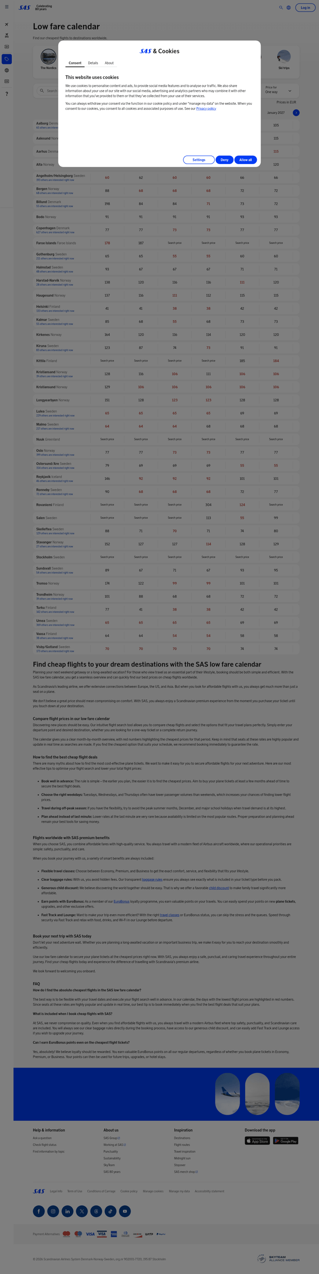 Scandinavian Airlines landing page