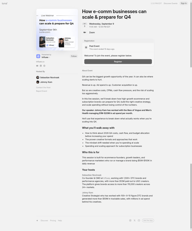 Influee landing page