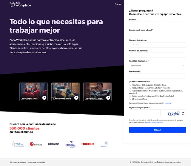 Zoho landing page
