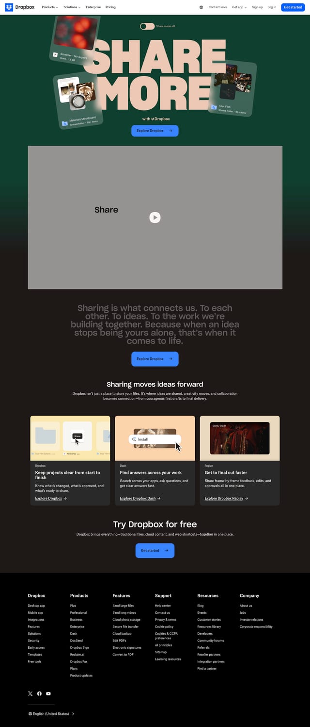 Dropbox landing page