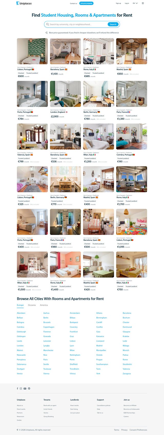 Uniplaces landing page
