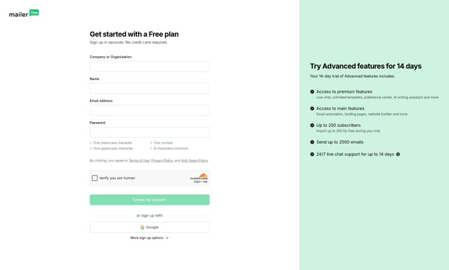 Mailer Lite landing page